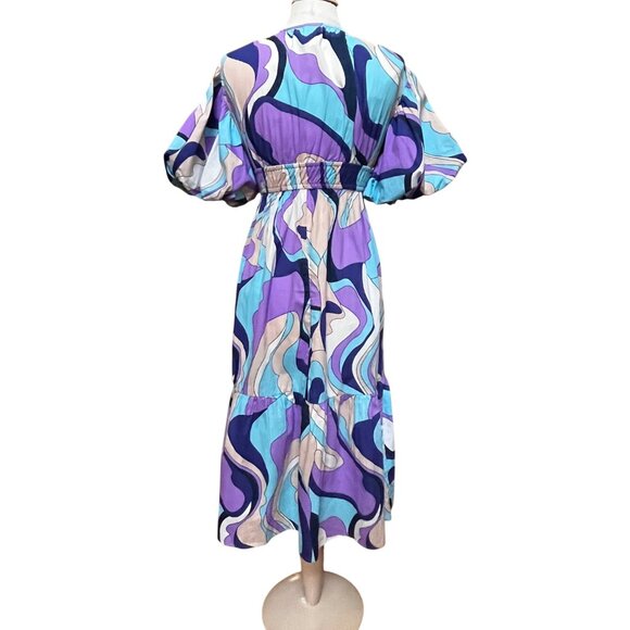 Jessica Simpson Abstract 60s‎ Purple Puff Sleeve Maxi Dress Empire Babydoll - Sm - Picture 2 of 9
